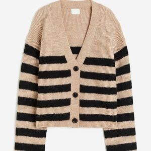 Sold out, oversized, rib knit cardigan in soft fabric with wool content.